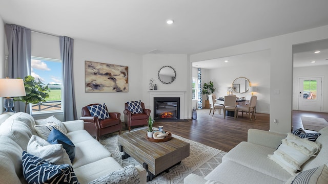 living area featuring a glass covered fireplace, wood finished floors, and recessed lighting