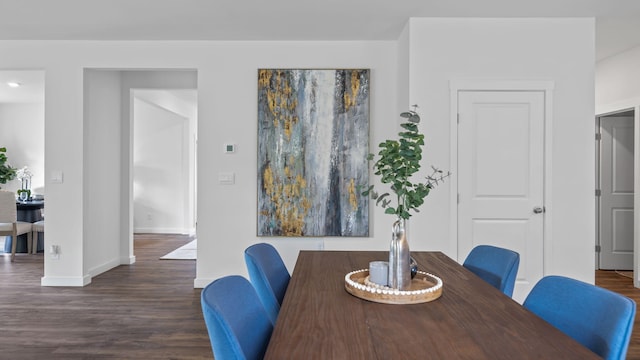 dining room with dark wood-style flooring and baseboards