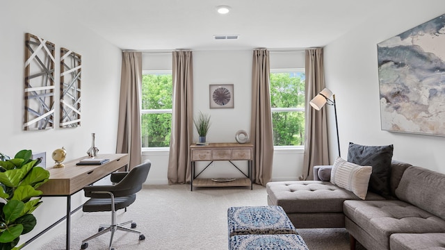 carpeted office space with a wealth of natural light and visible vents