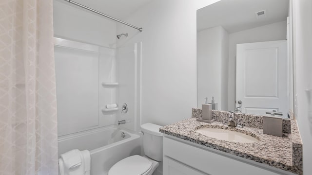 full bath featuring shower / tub combo, visible vents, vanity, and toilet