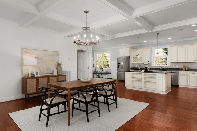 dining space with dark wood-style flooring, beam ceiling, visible vents, a chandelier, and coffered ceiling