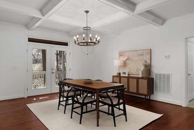 dining room with french doors, dark wood finished floors, visible vents, and baseboards