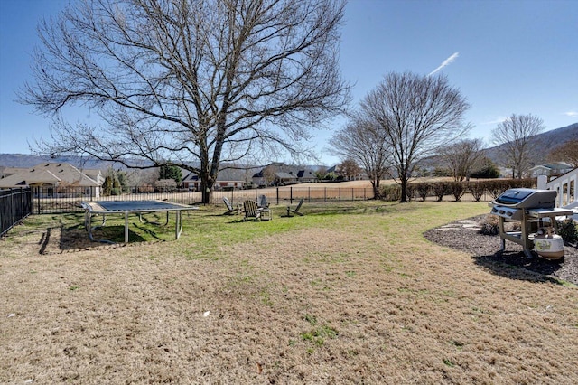 view of yard featuring a trampoline and a fenced backyard