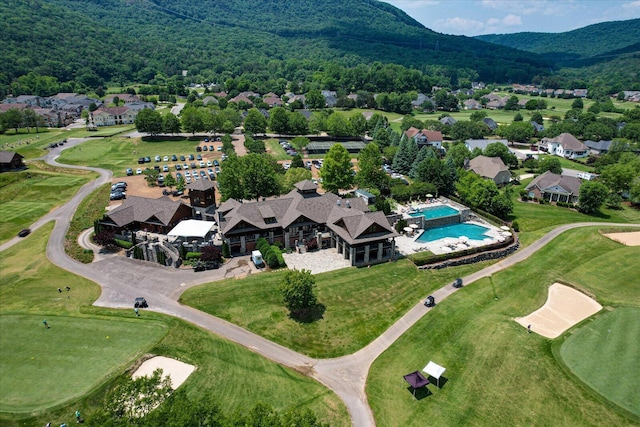 drone / aerial view featuring a residential view and a mountain view