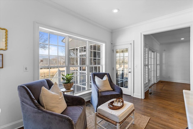 sitting room featuring recessed lighting, visible vents, baseboards, ornamental molding, and dark wood-style floors