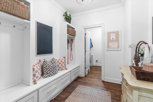 mudroom featuring dark wood-type flooring, ornamental molding, and baseboards