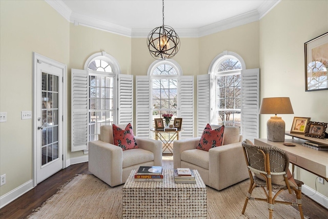 living room featuring a healthy amount of sunlight, dark wood-style floors, and baseboards