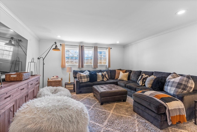 living room featuring ornamental molding, a wealth of natural light, carpet, and recessed lighting