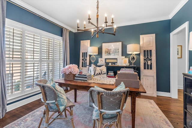 office area with a chandelier, dark wood-style flooring, crown molding, and baseboards