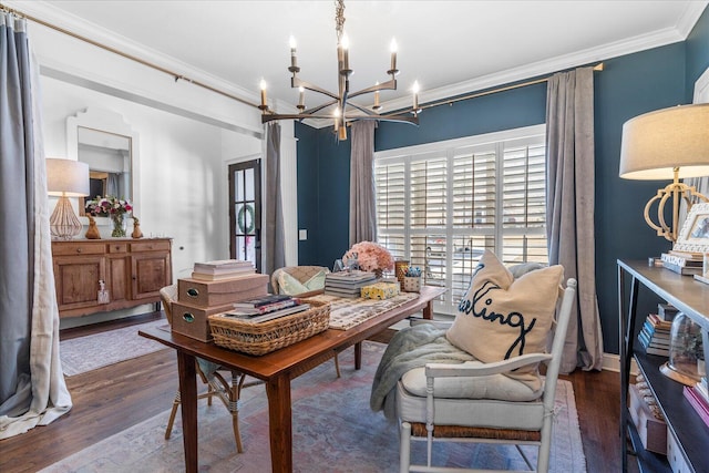 interior space featuring dark wood-style flooring, crown molding, baseboards, and an inviting chandelier