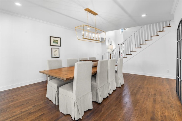 dining space featuring dark wood-style floors, crown molding, recessed lighting, baseboards, and stairs