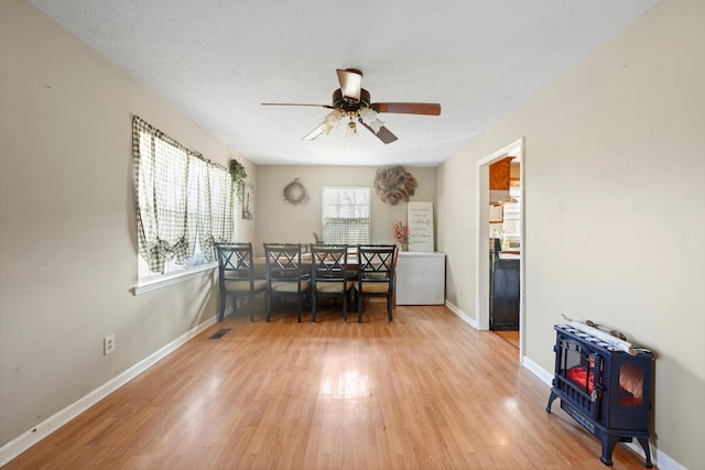 dining area featuring visible vents, baseboards, a ceiling fan, light wood-style flooring, and a wood stove