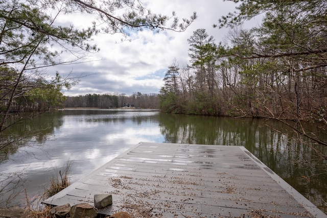 dock area featuring a water view and a view of trees