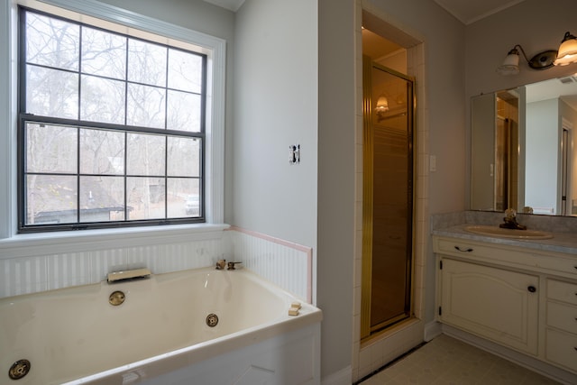 full bathroom with a shower stall, vanity, and a tub with jets