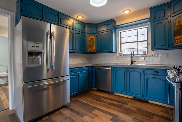 kitchen featuring dark wood finished floors, stainless steel appliances, dark countertops, decorative backsplash, and a sink