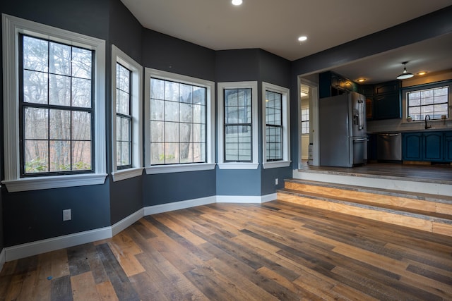 interior space with dark wood-style floors, a healthy amount of sunlight, a sink, and baseboards