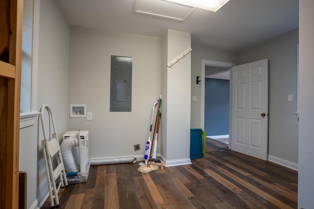 washroom featuring laundry area, washer hookup, dark wood-style flooring, electric panel, and attic access