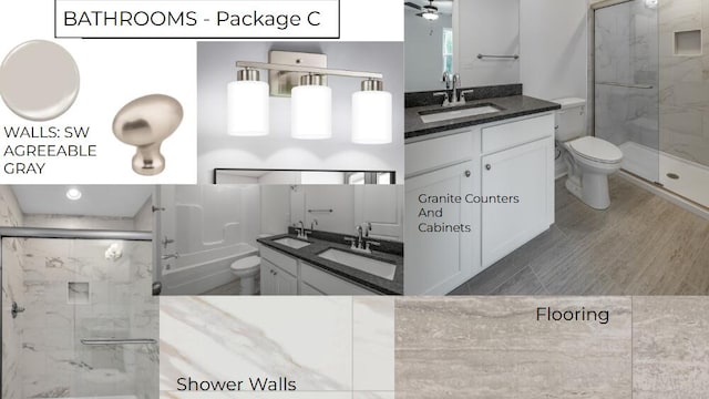 bathroom with vanity, a marble finish shower, and toilet