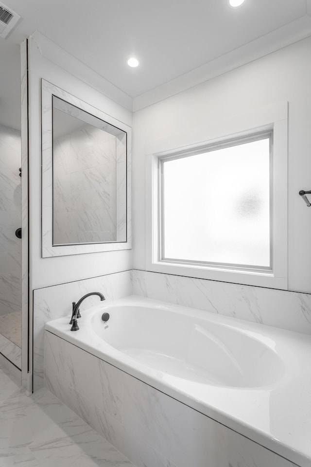 full bath with recessed lighting, visible vents, a garden tub, and a marble finish shower