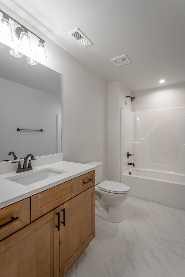 bathroom with toilet, visible vents, shower / washtub combination, and vanity