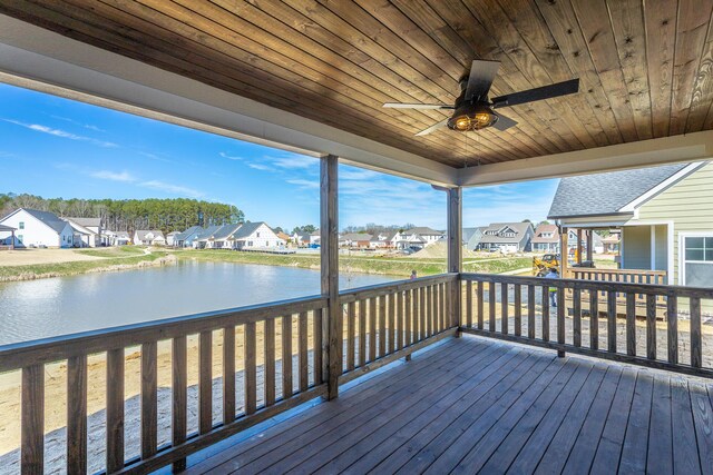 deck featuring ceiling fan, a water view, and a residential view