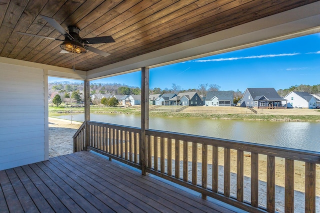 deck featuring ceiling fan, a water view, and a residential view