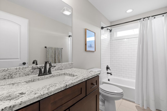 full bath featuring toilet, shower / tub combo, tile patterned flooring, and vanity