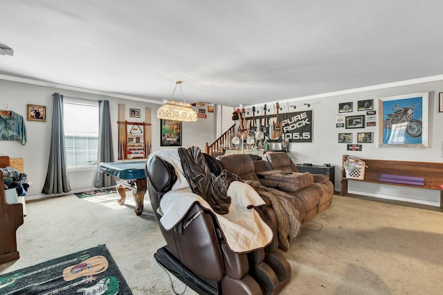 living area with light carpet, billiards, baseboards, stairway, and crown molding