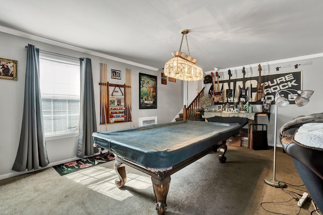 recreation room featuring visible vents, baseboards, ornamental molding, pool table, and carpet floors