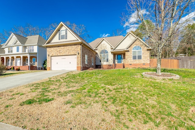 view of front of house featuring concrete driveway, crawl space, a front yard, and fence