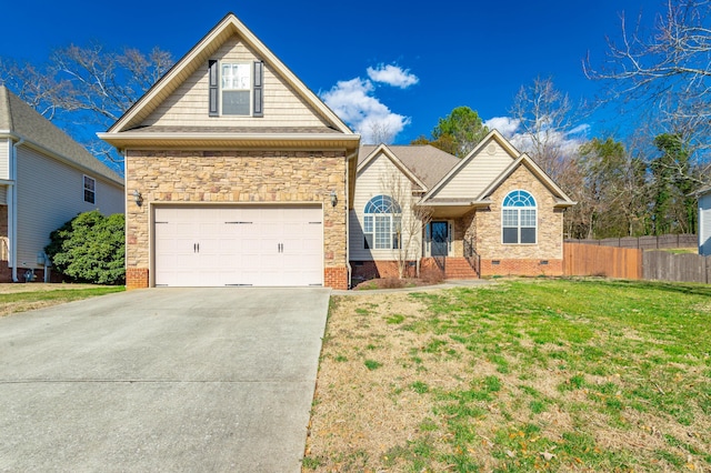 view of front of home with concrete driveway, an attached garage, a front yard, crawl space, and fence