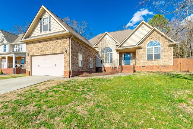 view of front of home with a garage, fence, driveway, crawl space, and a front yard