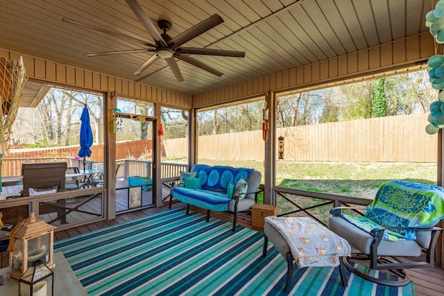 sunroom with wood ceiling and a ceiling fan