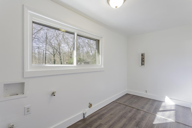 washroom with laundry area, baseboards, gas dryer hookup, dark wood-style flooring, and washer hookup