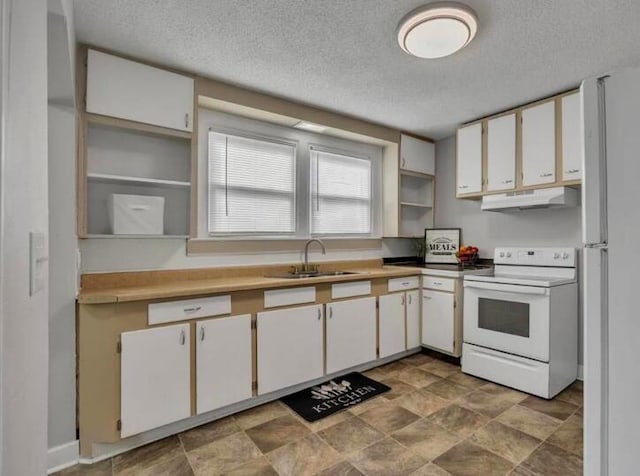 kitchen with electric stove, open shelves, white cabinets, a sink, and under cabinet range hood