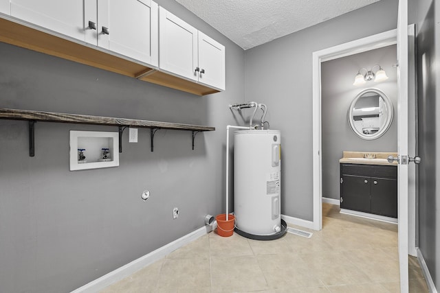 interior space with electric water heater and a sink