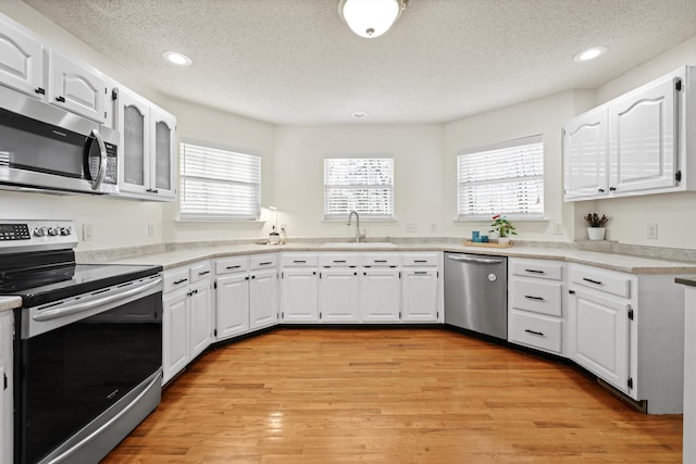 kitchen featuring plenty of natural light, appliances with stainless steel finishes, light wood-type flooring, and a sink