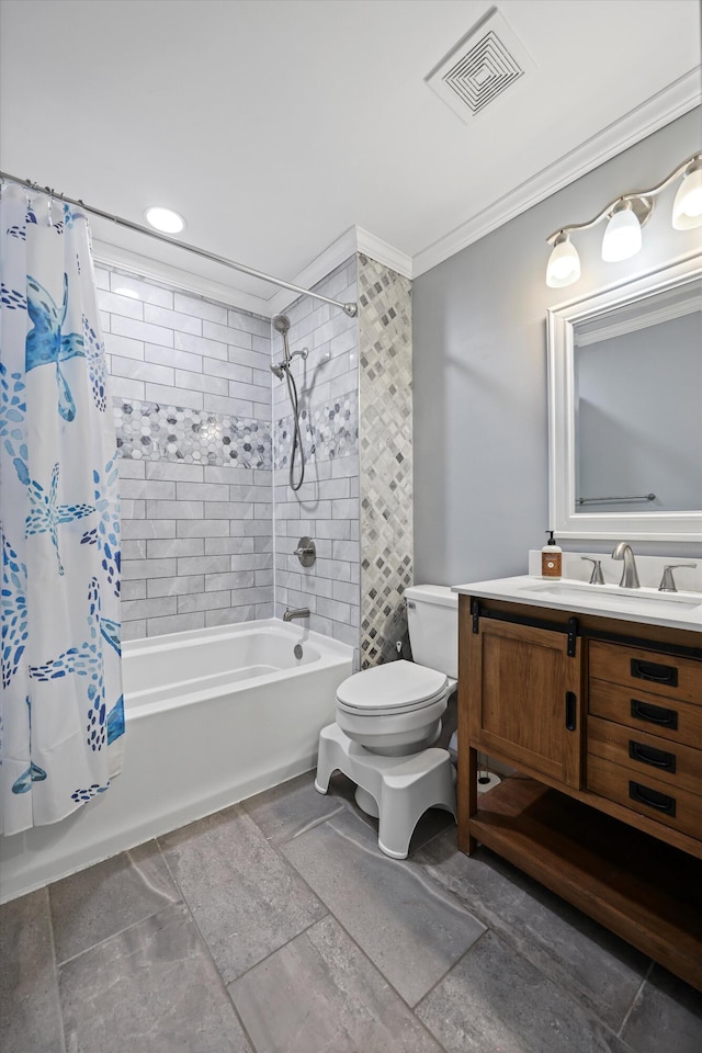 bathroom with shower / tub combo, visible vents, toilet, crown molding, and vanity