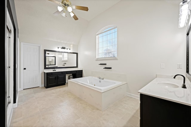 bathroom with lofted ceiling, two vanities, a sink, and a bath