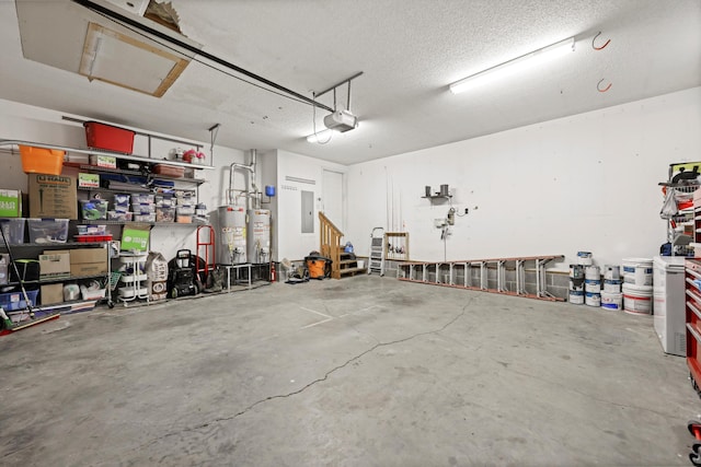 garage with gas water heater, electric panel, and a garage door opener