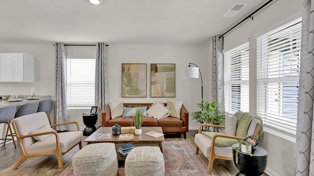 living area with wood finished floors, visible vents, and baseboards