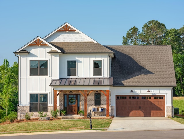 modern farmhouse style home with brick siding, a porch, an attached garage, board and batten siding, and driveway