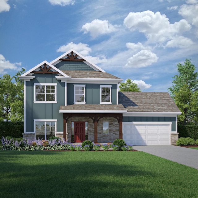 view of front of house with a garage, a front lawn, board and batten siding, and concrete driveway