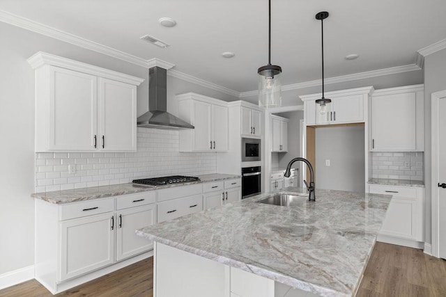 9676 Mayfly Rd # 10, Ooltewah, TN 37363 - kitchen featuring wall chimney exhaust hood, oven, stainless steel gas stovetop, wood finished floors, and ornamental molding