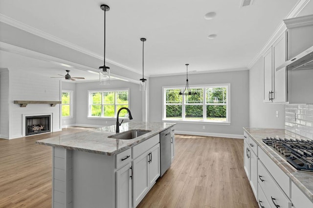 9676 Mayfly Rd # 10, Ooltewah, TN 37363 - kitchen with stainless steel appliances, light wood-style floors, ornamental molding, a large fireplace, and a ceiling fan