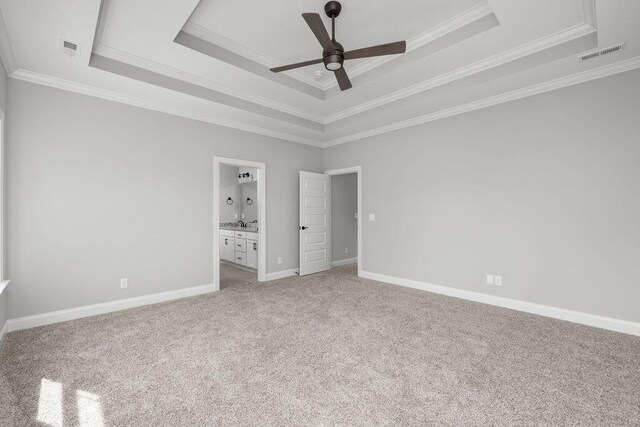 9676 Mayfly Rd # 10, Ooltewah, TN 37363 - unfurnished bedroom with a raised ceiling, ornamental molding, carpet flooring, ensuite bathroom, and a ceiling fan
