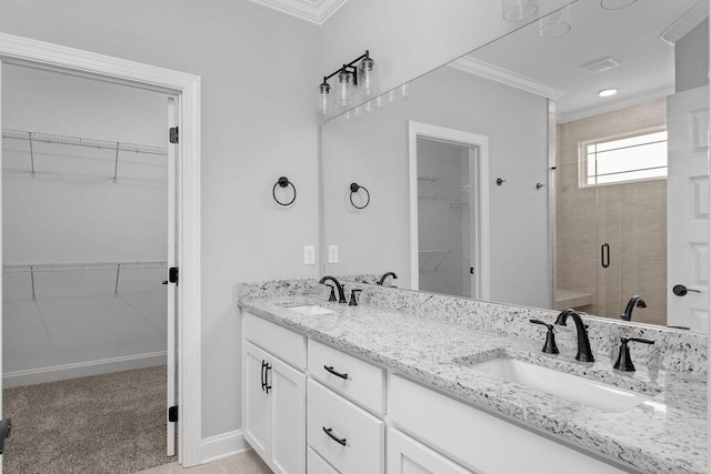 9676 Mayfly Rd # 10, Ooltewah, TN 37363 - full bath featuring crown molding, a stall shower, double vanity, and a spacious closet