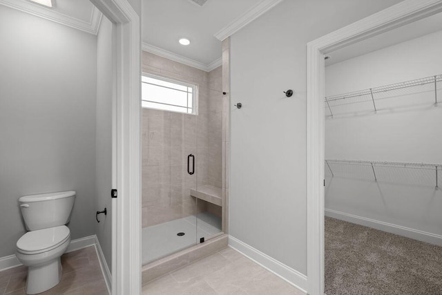 9676 Mayfly Rd # 10, Ooltewah, TN 37363 - full bathroom featuring ornamental molding, a shower stall, a spacious closet, and recessed lighting