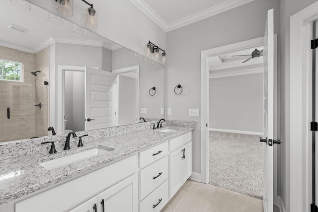 9676 Mayfly Rd # 10, Ooltewah, TN 37363 - full bath with a shower stall, double vanity, ornamental molding, and tile patterned floors