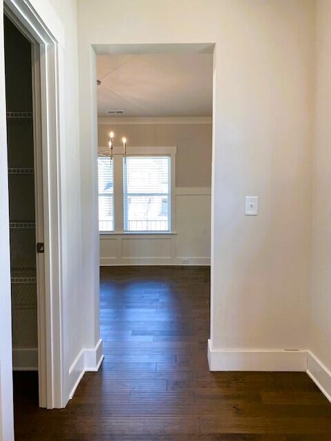 hallway featuring dark wood-style floors, baseboards, and crown molding